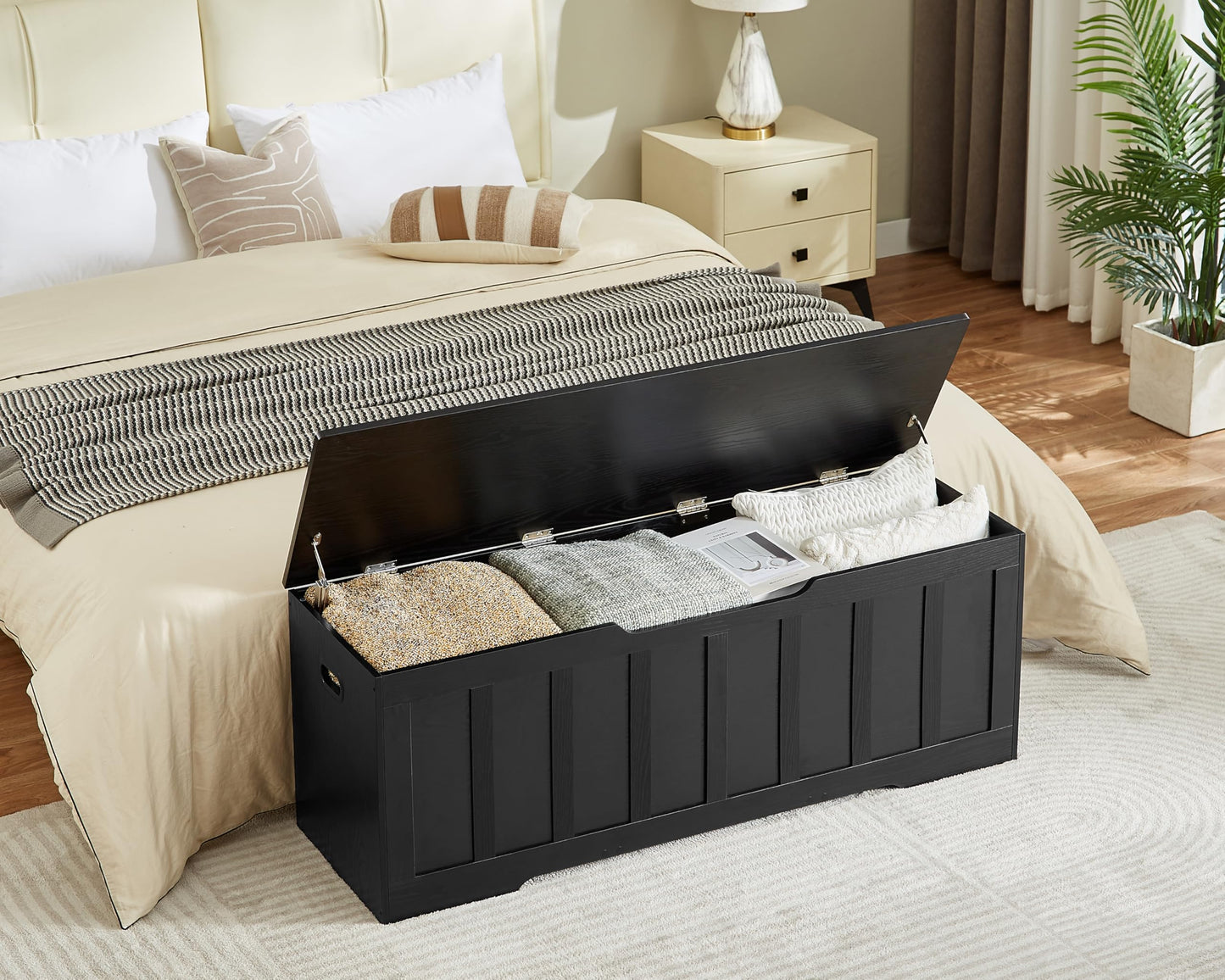 VANKILEY 51.2" Storage Chest Extra Large,Storage Bench with 2 Safety Hinges,Shoe Bench,51.2 * 15.7 * 19.1 inches,Wooden Trunk for Bedroom,livingroom,entryway,Supports 220 lb,Easy Assembly(Black).
