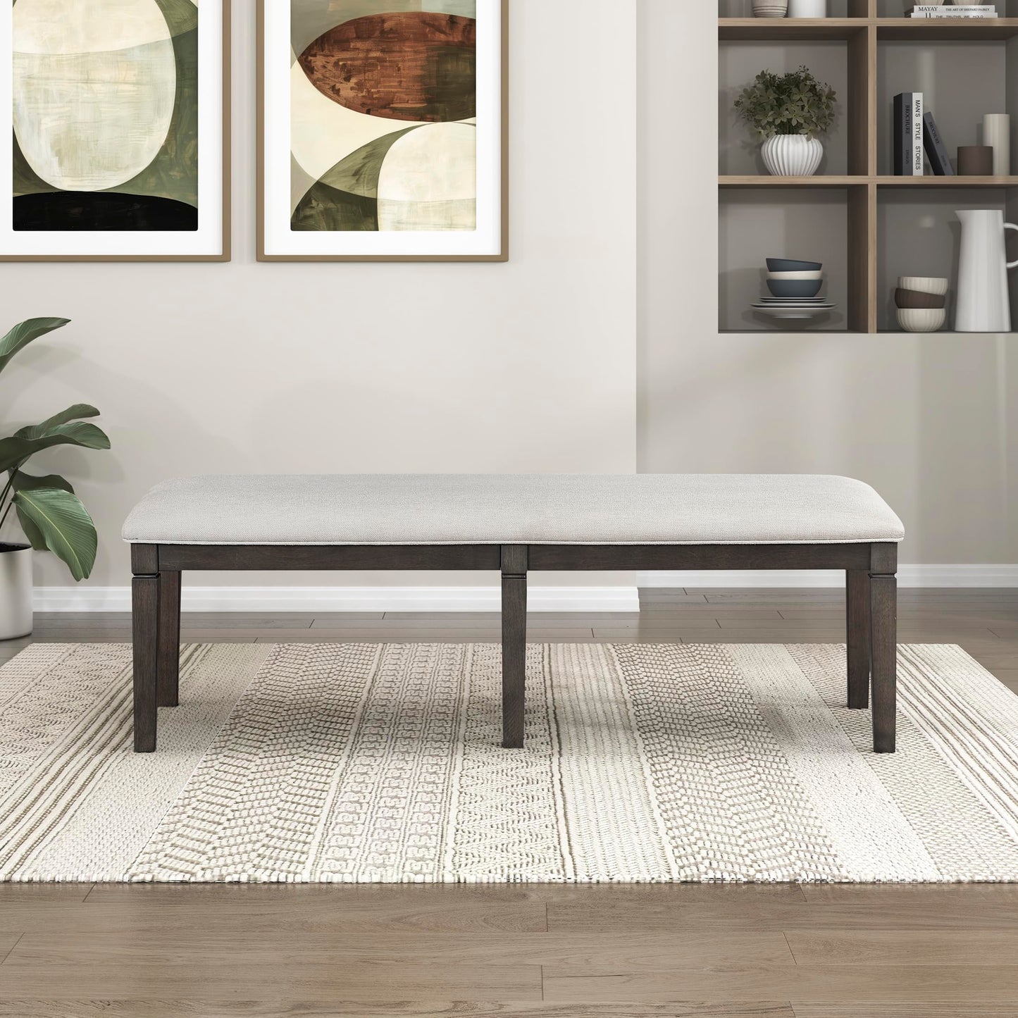 Lexicon Dining Bench with Padded Seat and Wooden Frame, 58" W Entryway Bench, Beige Textured Fabric Upholstered Dining Seat for Kitchen/Living Room, Easy Assembly, Dark Espresso