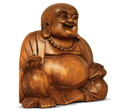 G6 Collection 8" Wooden Laughing Happy Buddha Statue Hand Carved Smiling Sitting Sculpture Handmade Figurine Decorative Home Decor Accent Rustic Handcrafted Art Decoration Happy Buddha (Small)