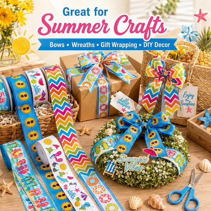 6 Rolls Summer Wired Edge Ribbons, 24 Yards 2.5 in Flip Flop Sunshine Stripe Patterns Gift Wrapping Ribbon for Beach Themed DIY Crafts Bow Wreath Summer Party Decorations