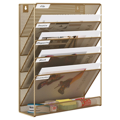 EasyPAG 5 Tier Wall File Holder, Mesh Hanging Folder Organizer with Classify Label, Versatile Desk File Holder, Vertical Wall Mounted Mail Organizer for Office Home Cubicle, Gold