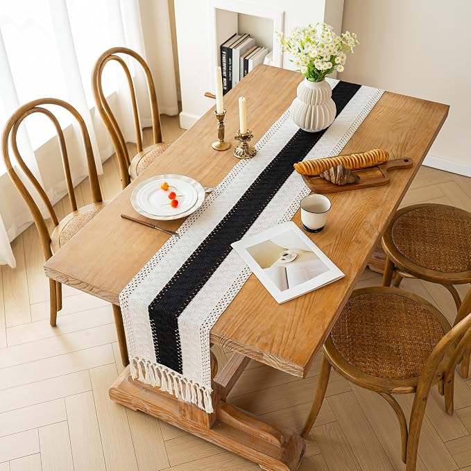 FEXIA Boho Table Runner for Summer Home Decor with Tassels 108 Inches Long Farmhouse Rustic Black Gothic Table Runner Macrame Gothic Burlap Table Decoration for Kitchen Living Room (12x108 Inches)