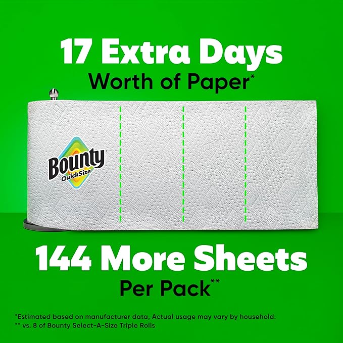 Bounty Quick-Size Paper Towels, 8 Family Triple Rolls = 27 Regular Rolls