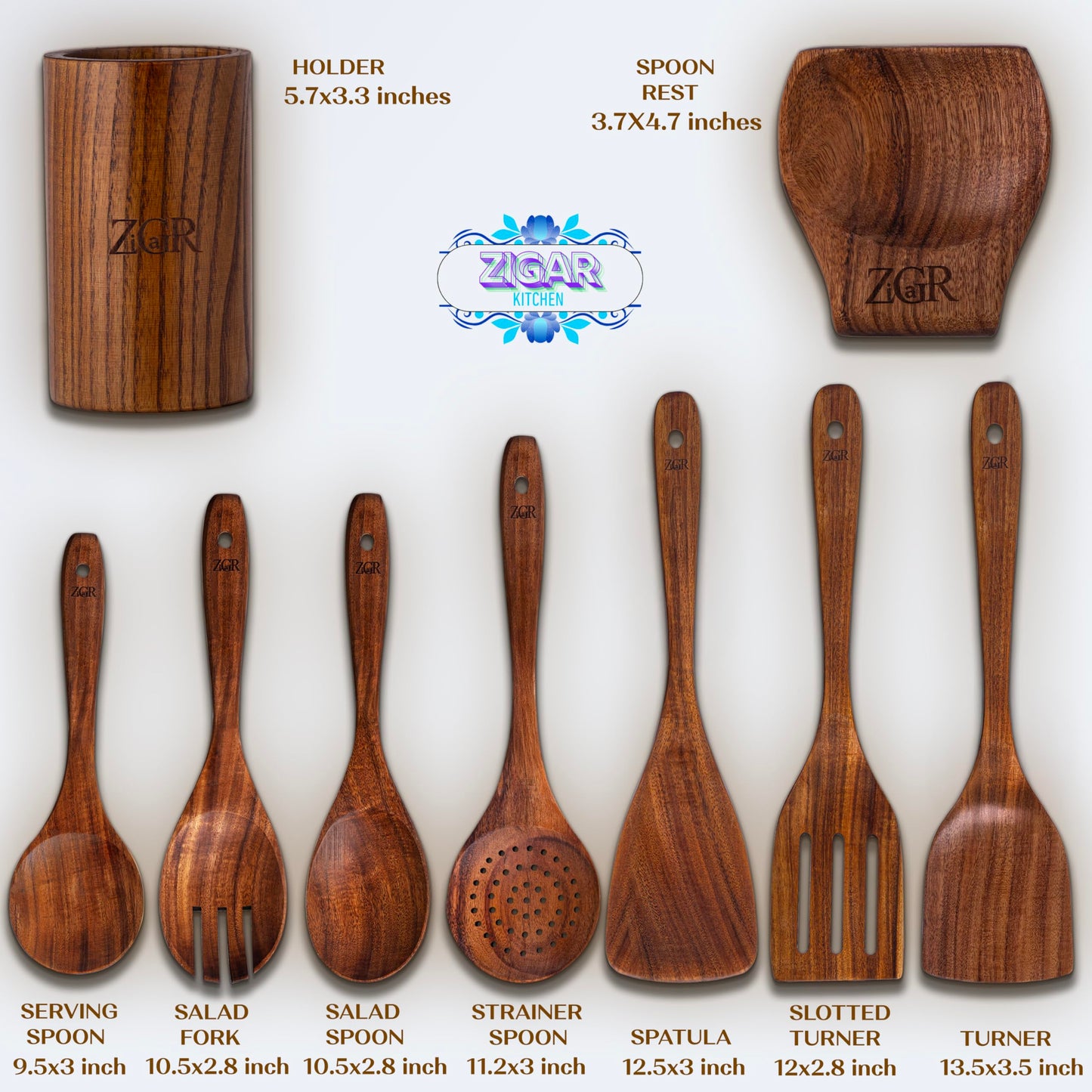 Wooden Spoons for Cooking - 9 Pieces Natural Teak Wood Kitchen Utensils Set with Utensil Holder & Spoon Rest - Durable Heat Resistant, Safe, Smooth Curved Grip - Non-Scratch & Non-Stick Spatula