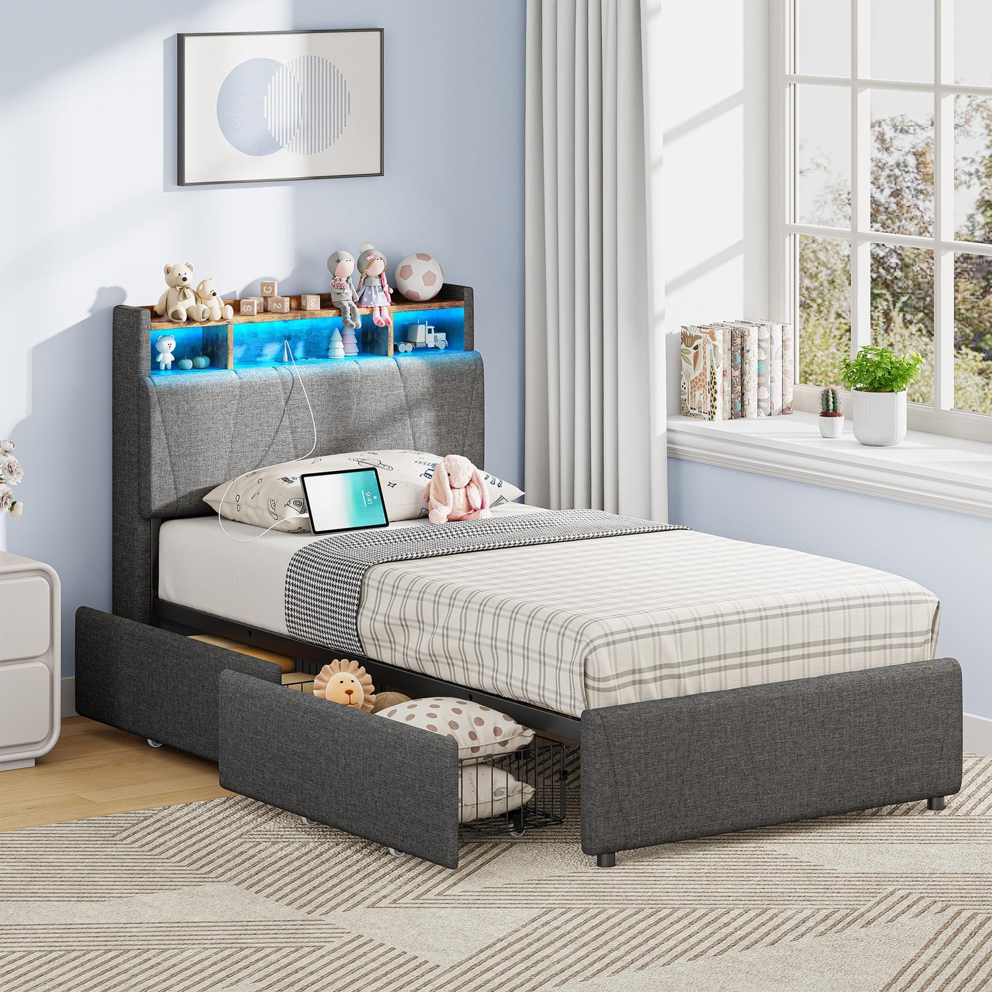 LIKIMIO Twin Bed Frame with 2 Storage Drawers, Charging Station & LED Lights, Upholstered Platform Twin Bed with Storage Headboard, Strong Wooden Slats, No Box Spring Needed, Easy Assembly, Grey