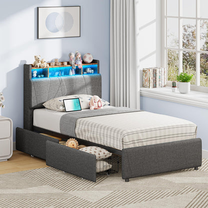 LIKIMIO Twin Bed Frame with 2 Storage Drawers, Charging Station & LED Lights, Upholstered Platform Twin Bed with Storage Headboard, Strong Wooden Slats, No Box Spring Needed, Easy Assembly, Grey