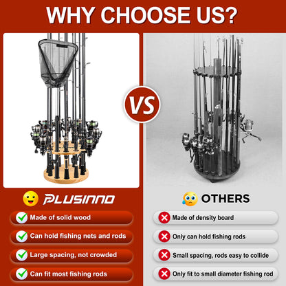 PLUSINNO 2PACK V12 Fishing Rod Holders for Garage, Vertical Fishing Pole Holders Wooden Round Floor Stand, Fishing Rod Rack Holds up to 24 Rods or Fishing Nets Storage Organizer Racks