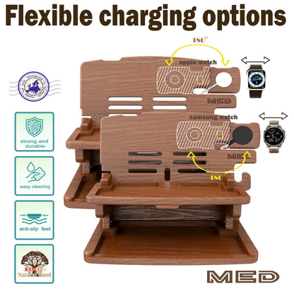 MED Wood Phone Docking Station for Men – Nightstand Organizer & Charging Station for Multiple Devices – Birthday Gift for Husband Dad, Father's Day – Holds Phone, Watch, Wallet, Keys (Dark Walnut)