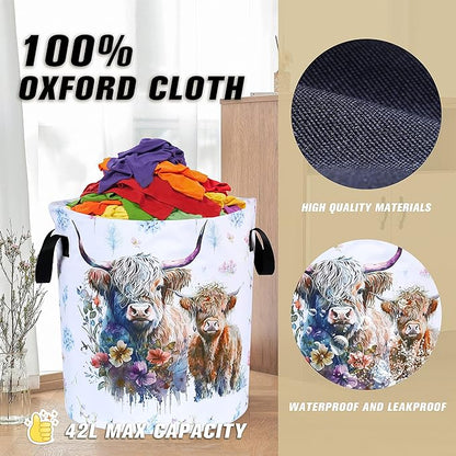 Highland Cow Laundry Basket Cattle Animal Foldable Oxford Cloth Funny Tote Bag