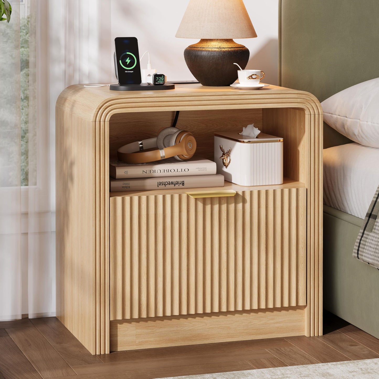 Decofy Fluted Nightstand with Charging Station, 23'' Wide Beside Table with Drawers & Open Shelf, Mordern Large Night Stand with Curved Corners, Wood End Table for Bedroom, Oak