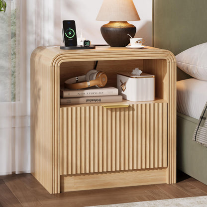 Decofy Fluted Nightstand with Charging Station, 23'' Wide Beside Table with Drawers & Open Shelf, Mordern Large Night Stand with Curved Corners, Wood End Table for Bedroom, Oak