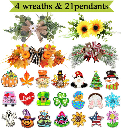 Interchangeable Welcome Sign for Front Door with 4 Seasonal Wreaths 21 Changeable Icons, Farmhouse Rustic Outdoor Welcome Signs Porch, Spring Winter Fall Decorations for Home House Warming Gifts
