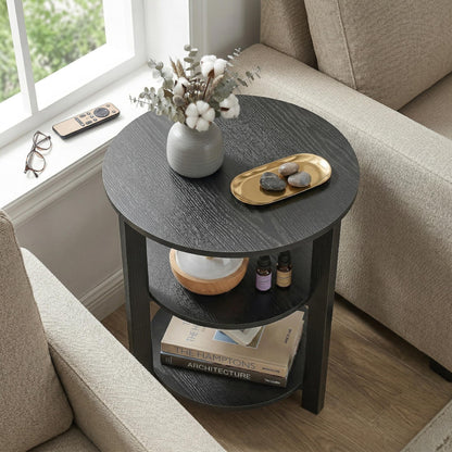 ZEXVIDA Farmhouse 3-Tier Round Side Table, 17.7*21.7Inch End Table with Open Storage,Modern Bedside Couch Accent Table for Living Room, Bedroom, Office，Wooden Table for Narrow and Small Spaces, Black