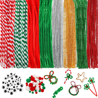 Juexica 300 Pcs Christmas Pipe Cleaners Craft Set Including Glitter Chenille Stems Poms Self Adhesive Wiggle Googly Eyes Creative Arts Chenille Stems for Christmas Decoration DIY Art Craft (Assorted)