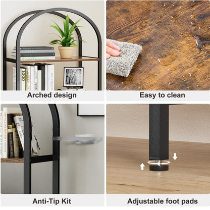Homhedy 5-Tier Bookshelf Arched Display Racks, Wood and Metal Bookcase, Tall Bookshelf, Industrial Display Standing Shelf Unit, for Home Office, Living Room, Bedroom, Bathroom, Rustic Brown
