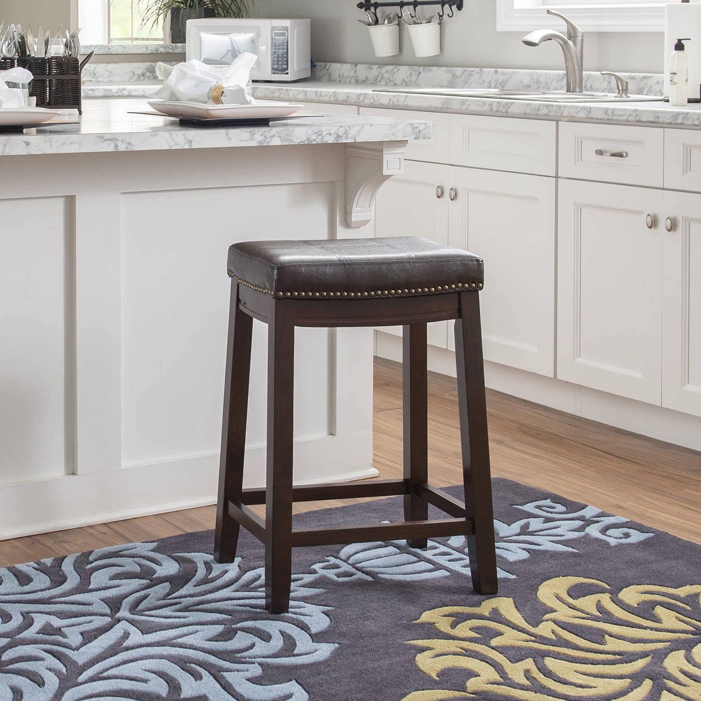Linon Kingston Brown Wooden Backless 26.5 Inch Seat Height Counter Stool with Brown Faux Leather Upholstered Seat and Nailheads
