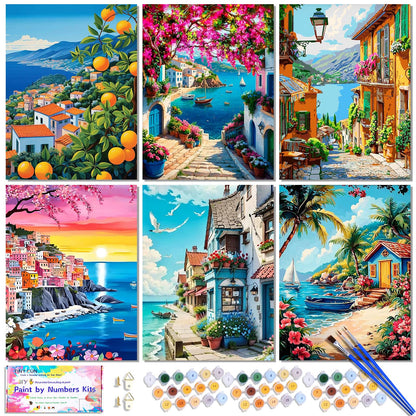 6 Pack DIY Paint by Number Kit for Adults - Mediterranean Coastal Scenery Oil Painting Set, 12x16 Inch Canvas (No Frame), 18 Vivid Acrylic Paints - Stress Relief Art Craft for Home Decor & Gifts