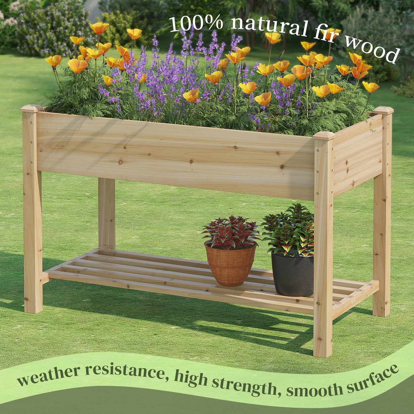 PULIJIAJU Wooden Raised Garden Bed, Planter Box with Legs, Raised Planter -Grow Herbs and Vegetables Outdoors – Naturally Rot-Resistant - Unmatched Strength Lasts Years (Natural-M)
