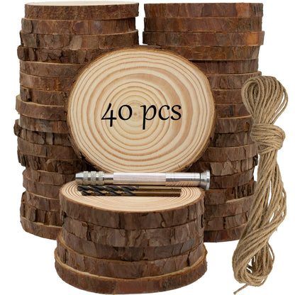 Unfinished Natural Wooden Slices 40 Pcs 3.2-4 Inch Wood Circles for Crafts DIY Christmas Ornament Craft Wood Kit with Bit,Blank Round Wood Slice with Bark for Art,Painting,Party (40)