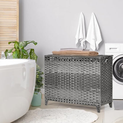 Laundry Hamper with 4 Removable Liner Bags; 176L Handwoven Rattan Laundry Basket with Lid & Heightened Feet; Clothes Hamper with Side Handles
