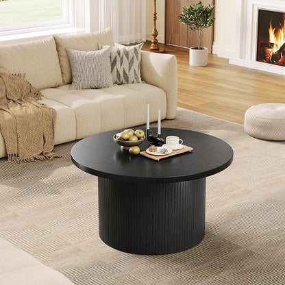 31.5" Round Coffee Table, Mid Century Modern Fluted Tambour Coffee Table, Engineered Wood Small Circle Center Table, Drum Accent Modern Living Room Table, Black