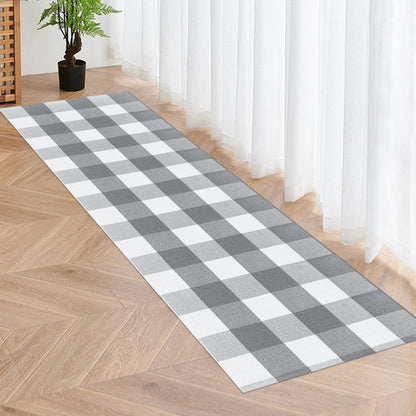 Aoczes Buffalo Plaid Runner Rug 2x6 Feet Grey and White Checkered Runner Rug Cotton Woven Farmhouse Floor Mat Washable Rugs for Hallway Kitchen Laundry Bedroom Living Room