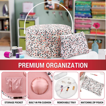 SINGER Large Round Sewing Basket with Emergency Travel Sewing Kit & Matching Zipper Pouch - Rose Pink Leopard Print