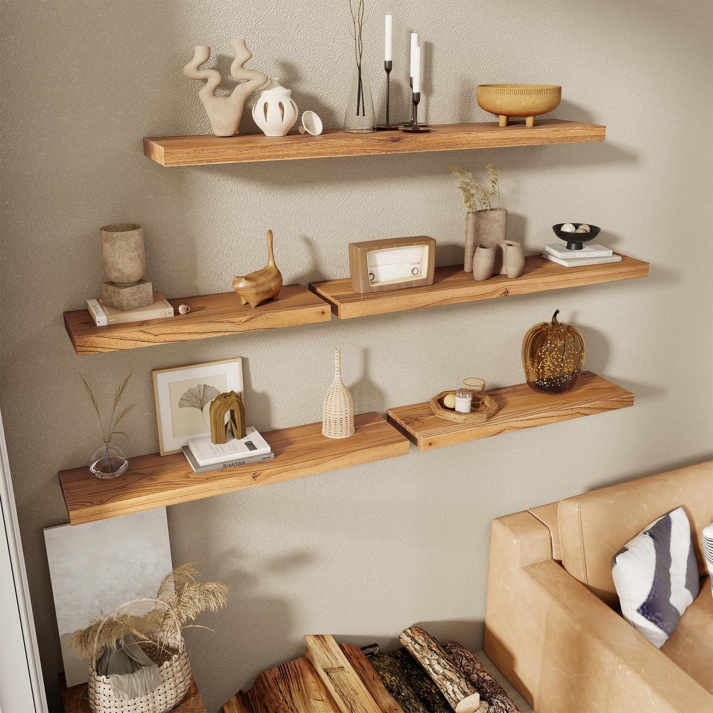 RICHFOCUS 30inch Natural Floating Shelves for Wall, 8" Deep High End Solid Real Wood Wall Shelves for Bathroom, Rustic Wooden Floating Shelves with Invisible Brackets for Books Storage Decor, Set of 2