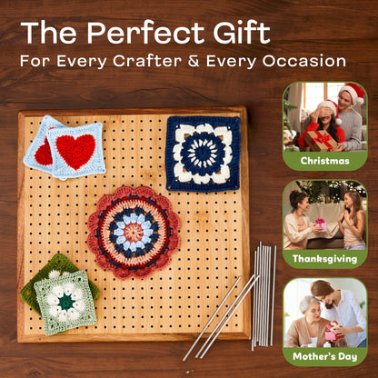 11.8" Crochet Blocking Board with 20 Pegs Pins, Granny Square Blocking Board for Crochet Projects, Bamboo Blocking Boards for Crocheting and Knitting, Wooden Gifts for Crocheter