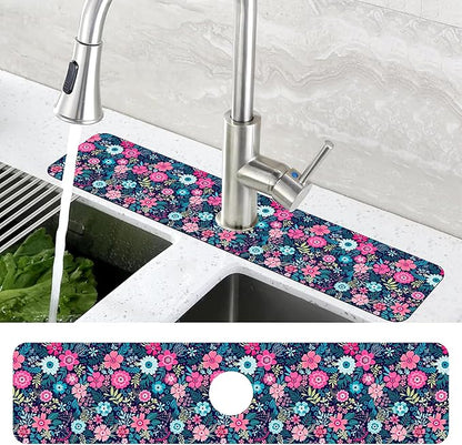 Modern Blue and Pink Floral Sink Faucet Absorbing Mat Sink Splash Guard Faucet