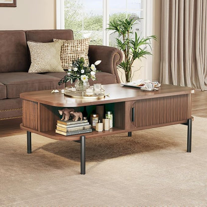 Coffee Table, 39.4" Mid Century Modern Coffee Tables for Living Room, Coffee Table with Storage Open Shelf, Fluted Table with Sliding Cabinet Door, 2-Tier Rustic Wood Desktop, Walnut