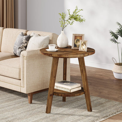 TRIBEWOOD Solid Wood Round End Table, Sofa Side Table with Storage Shelf, Farmhouse Nightstand for Living Room, Bedroom, Easy Assembly (1)