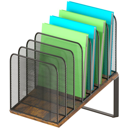 Piskyet Wooden Desk File Organizer, 7-Section Vertical File Folder Holder Stand,Metal Mail Paper Chromebook Organizer for Teacher Desk Office Classroom Desktop Organization（Inclined）