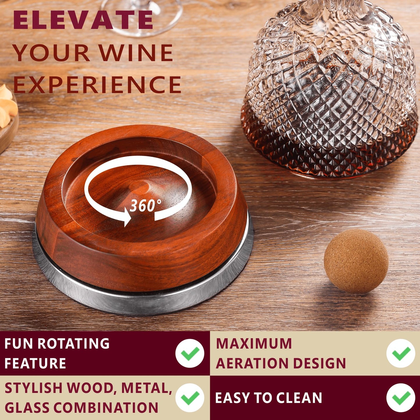 Rotating Wine Decanter Set with Solid Wood Base, Fun Crystal Glass Wine Carafe, Red Wine Decanter, Wine Accessories, Wine Gifts, Perfect for Home Bar (Silver Accents)