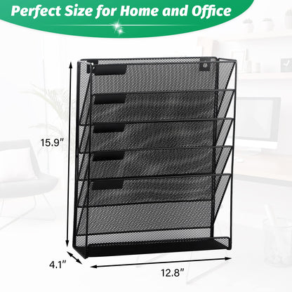 EASEPRES Desk File Organizer Mesh 6-Tier, Hanging Wall Mount Document Organization Stand, Desktop Vertical Mail Paper Folder Holder Rack with Bottom Tray for Office Home Cubicle Countertop, Black