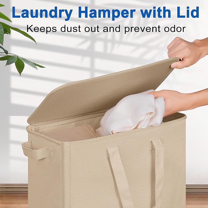 Slim Laundry Hamper with Lid and Wheels, Small Rolling Laundry Basket with
