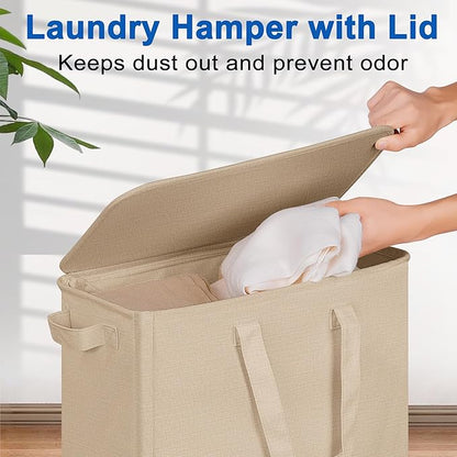 Slim Laundry Hamper with Lid and Wheels, Small Rolling Laundry Basket with