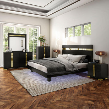 Furniture of America Ansten Modern Wood 6-Piece Platform Bedroom Set with Gold Trim, Underbed LED, Dust Proof Cases, Bracketed Metal Legs, No Box Spring Needed, King, Black