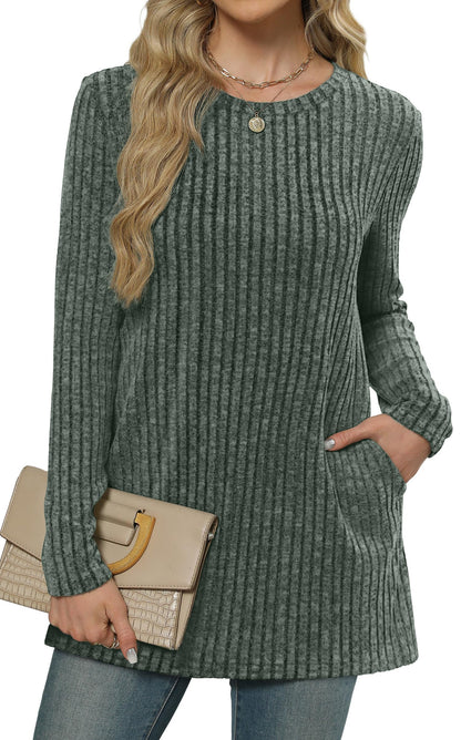 XIEERDUO Long Sleeve Shirts for Women Crewneck Tunic Tops Loose Fit Dressy Womens Sweaters with Pockets Fall Fashion 2025