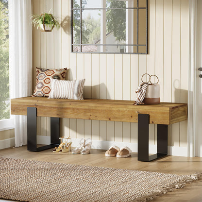 TRIBEWOOD Solid Wooden Entryway Bench, 63" Farmhouse Indoor Shoe Bench with Metal Legs, Industrial Long End of Bed Stool with Seating for Entry, Hallway, Porch, Living Room, Mudroom, Easy Assembly