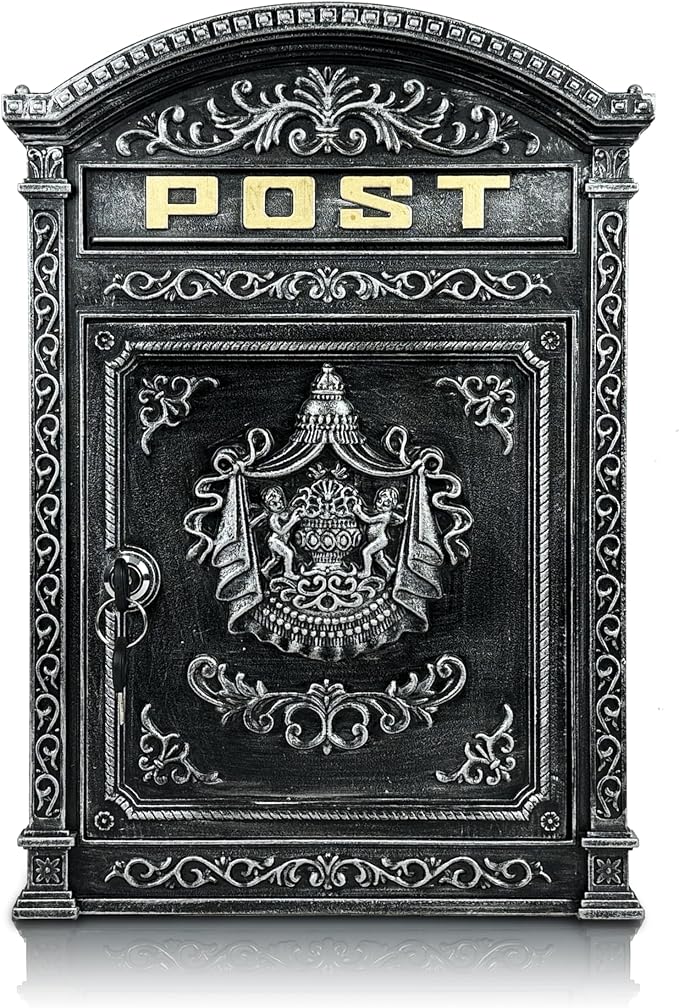 Vintage Lockable Wall Mount Mailbox, Heavy Duty Cast Aluminum Mail Box, Weatherproof Decorative Post Box for Outside, Antique Silver Finish, Large Capacity