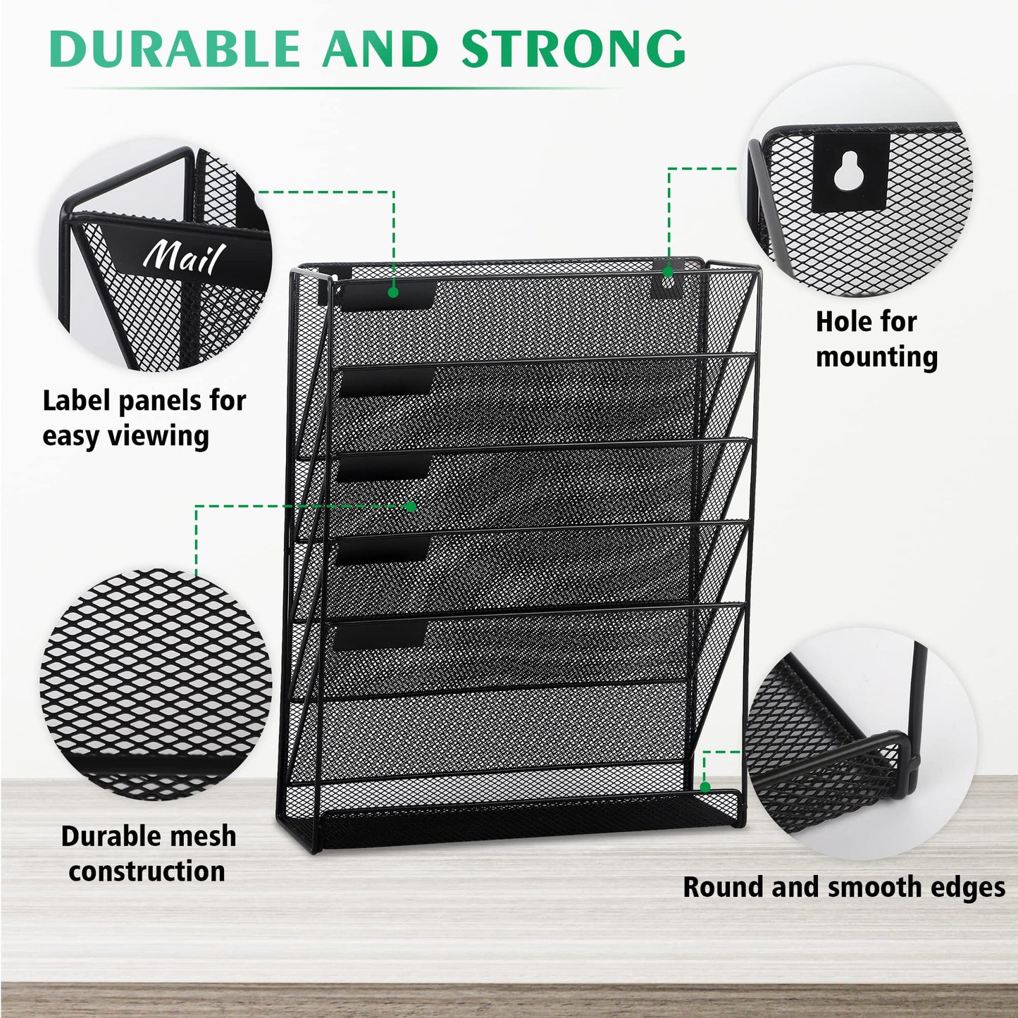 EASEPRES Desk File Organizer Mesh 6-Tier, Hanging Wall Mount Document Organization Stand, Desktop Vertical Mail Paper Folder Holder Rack with Bottom Tray for Office Home Cubicle Countertop, Black