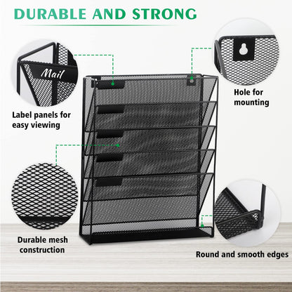 EASEPRES Desk File Organizer Mesh 6-Tier, Hanging Wall Mount Document Organization Stand, Desktop Vertical Mail Paper Folder Holder Rack with Bottom Tray for Office Home Cubicle Countertop, Black