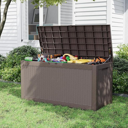 Outdoor Storage Box, Resin Deck Boxes Indoor and outdoor, Waterproof Storage Box Lockable Lid (Grey, 110 Gallon)
