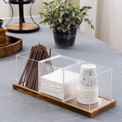 MyGift Modern Modular Coffee and Tea Station Organizer with 3 Removable Premium Clear Acrylic Compartments and Rustic Burnt Solid Wood Decorative Tray, 4 Piece Set