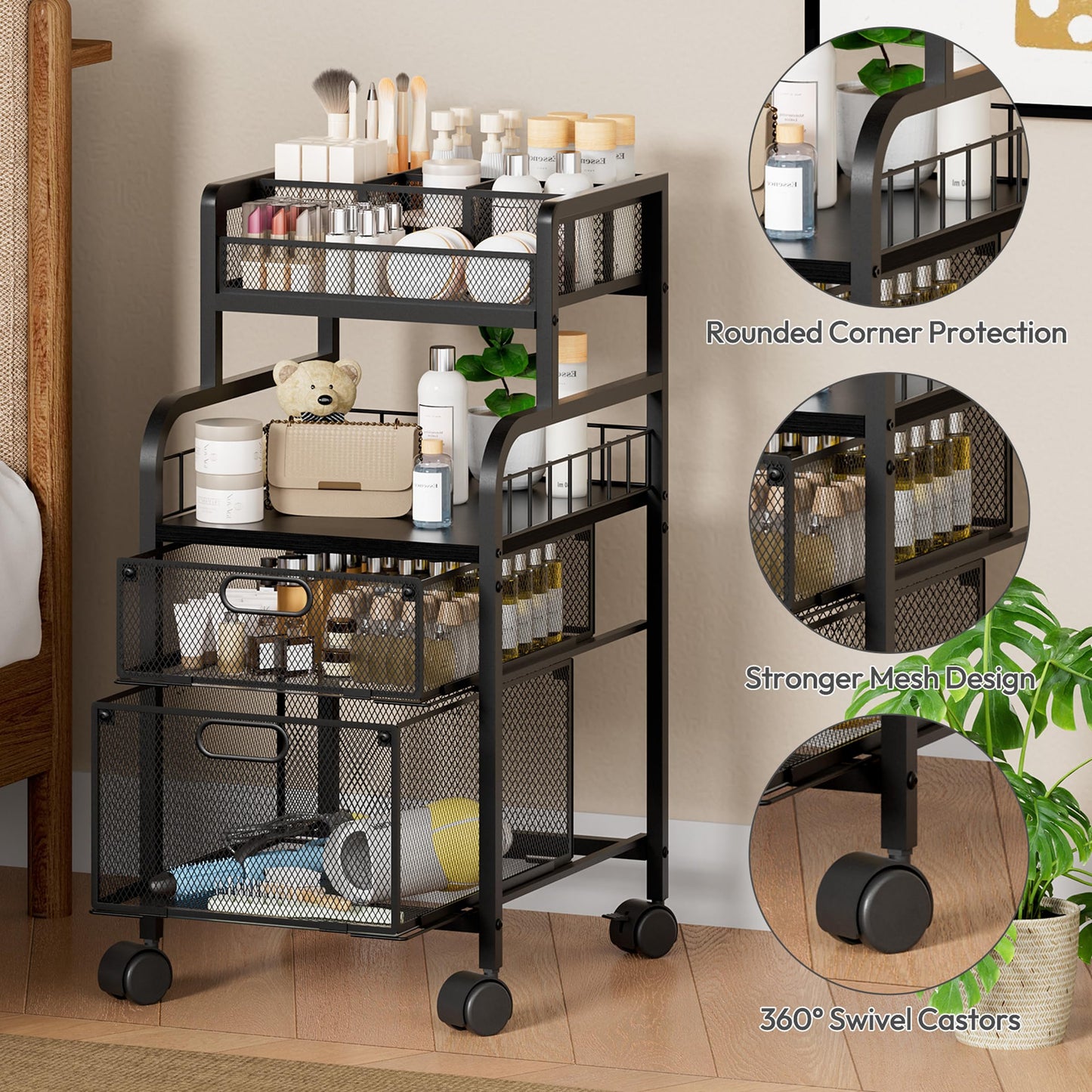 SWTYMIKI Rolling Cart with Drawers - Metal Craft Cart with Wheels, DIY Divider and Wood Shelf, Art Supply Organizer for Under Desk Storage, Utility Storage Cart for Home Office Studio, Black