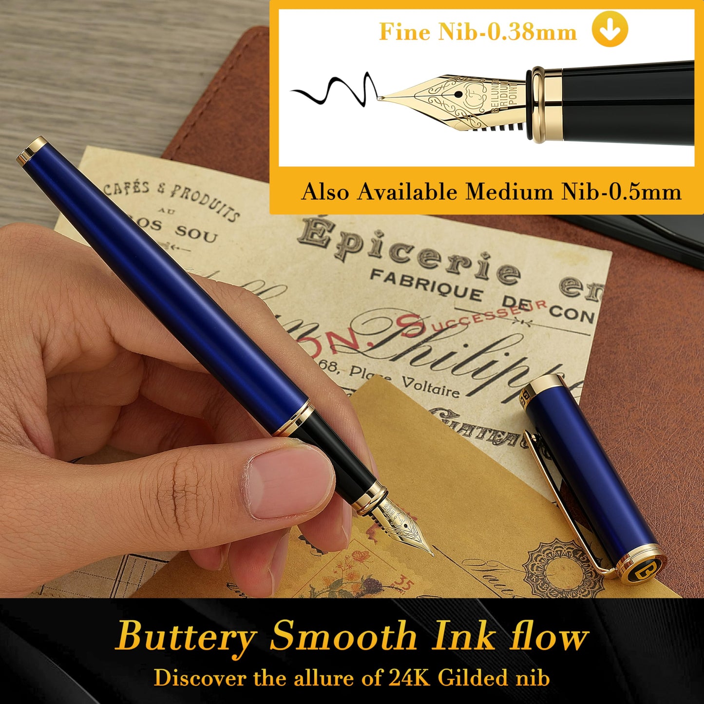 BEILUNER Blue Personalized Fountain Pen,Stunning Luxury Lacquer,24K Gilded Nib(Fine),Gorgeous 24K Gold Finish, Ink Converter,Fancy Gift for Men&Women-Elegant, Graduation,Nice Pens for Writing