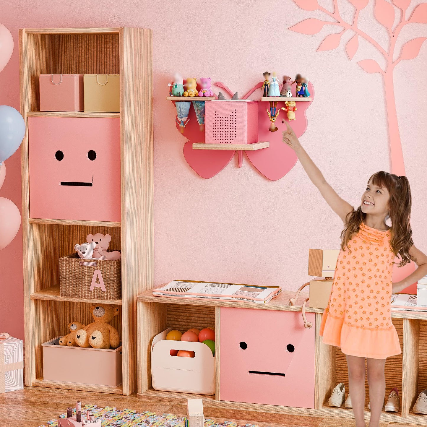 Eostbe Butterfly Tonie Shelf - Pink Magnetic Wooden Floating Shelf for 8-12 Tonie Figures, Cute Wall Mounted Kids' Tonie Storage
