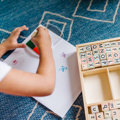 Melissa & Doug Wooden Alphabet Stamp Set - 56 Stamps with Lower-Case and Capital Letters Preschool Writing Toys, ABC Stamps, Kids Arts & Crafts, Letter for Kids Ages 4+