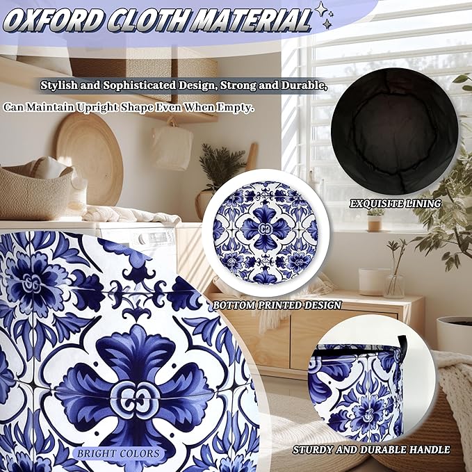 Blue and White Mexican Tile Laundry Basket Oxford Cloth Foldable Boho Laundry